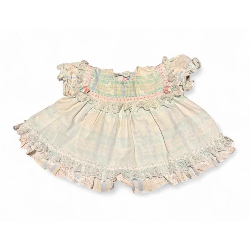 Vintage Allison Ann Baby Girls 3M Pastel Plaid Lace Ruffle Dress Frilly